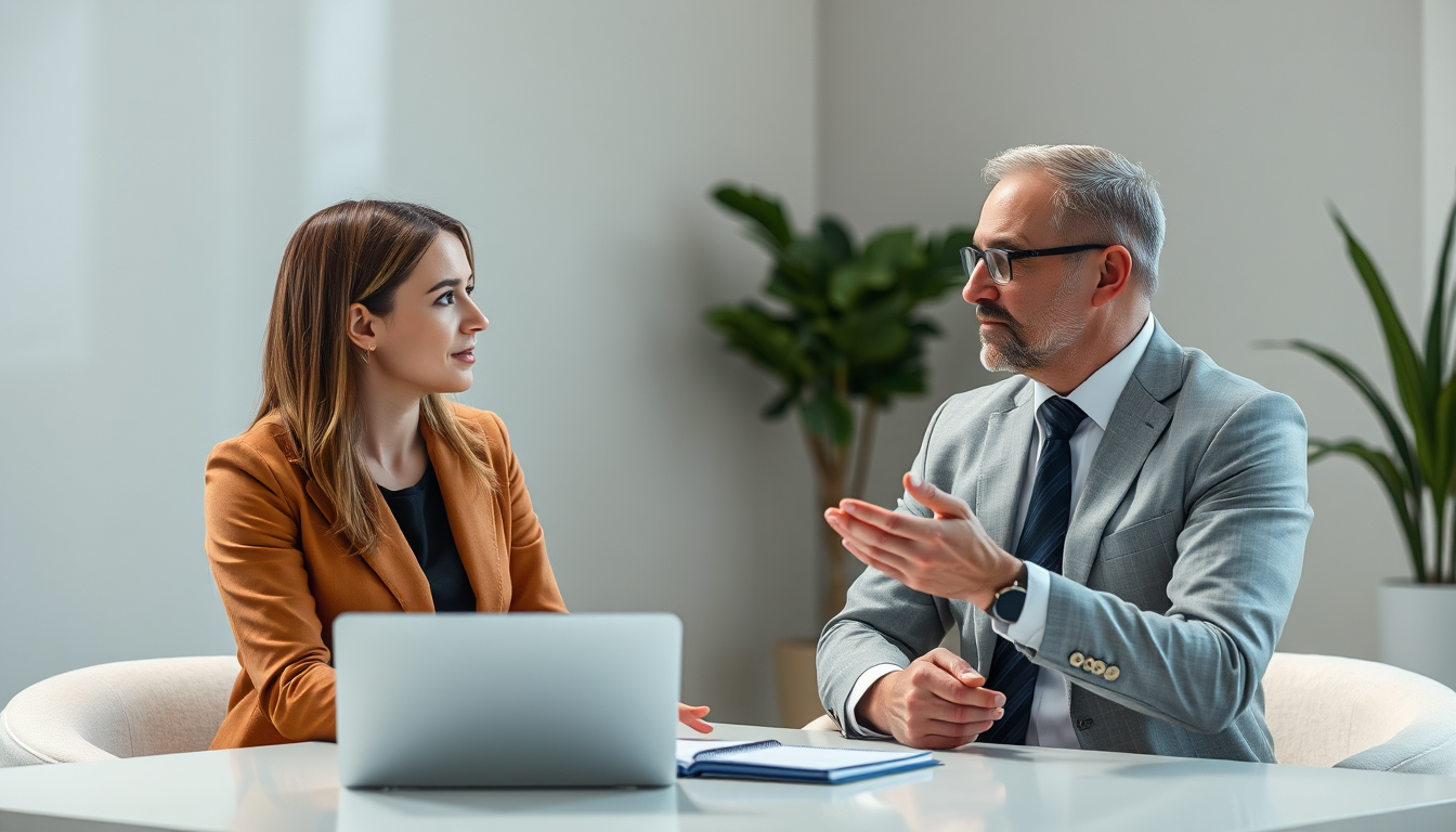 A photorealistic image depicting an AI consultant advising a business executive on AI implementation strategies. The scene emphasizes the collaborative and strategic nature of AI consulting. The lighting is professional and inviting, creating a sense of trust and expertise. The color palette consists of neutral tones, symbolizing professionalism and reliability.