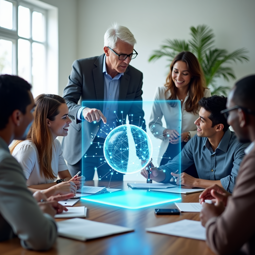 A photorealistic, ultra-high quality header image depicting the fusion of human intellect and artificial intelligence. The scene shows a diverse group of business professionals and individuals interacting with holographic AI interfaces, seamlessly integrating AI into their workflows and daily lives. The composition balances the organic feel of human interaction with the futuristic aesthetic of AI technology. Lighting is soft and ambient, with subtle glows emanating from the AI interfaces, casting a warm, inviting atmosphere. The color palette consists of cool blues and greens, contrasted with warmer oranges and yellows to symbolize the synergy between technology and humanity. The camera angle is a wide shot, capturing the collaborative environment and the potential of AI to enhance human capabilities. Textures are detailed and realistic, showcasing the sleek design of the AI interfaces and the natural textures of the human environment. The environment is a modern, open-plan workspace, fostering collaboration and innovation. Props include laptops, tablets, and interactive whiteboards, all enhanced with AI capabilities. Style reference: A blend of modern minimalism and futuristic technology, inspired by the film 'Her' and the design principles of Apple. Technical specs: 8K resolution, hyperrealistic, professional photography.